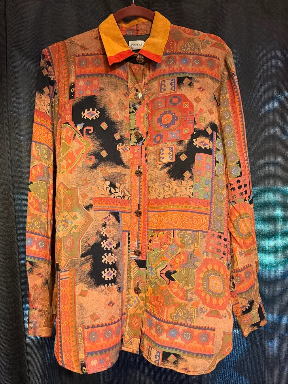 VTG 90s Tobria Women’s Suede Collar Long Sleeve Geometric Blouse Size 10